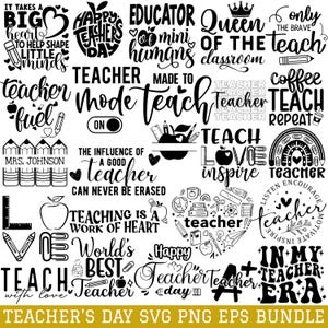 May include: A collection of black and white digital designs featuring teacher-themed typography and icons like apples, pencils, and rulers. Phrases include It takes a big heart to help shape little minds, Teacher mode on, and In my teacher era.