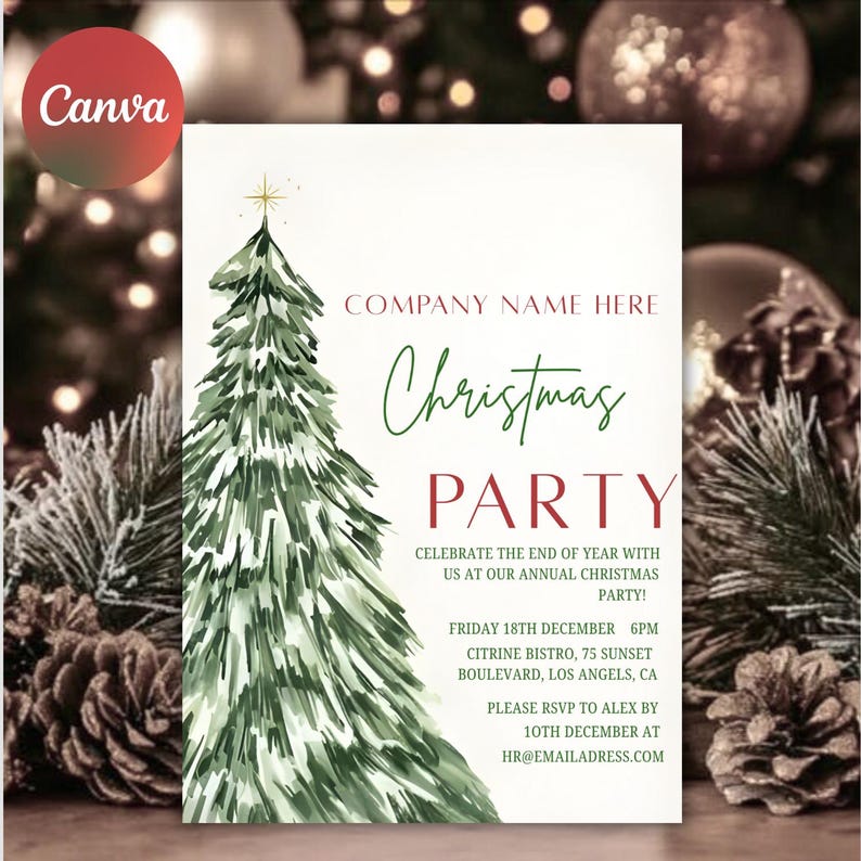 May include: A festive Christmas party invitation featuring a green watercolour Christmas tree design. The invitation includes the words "Christmas PARTY" in a decorative font, along with the date, time, and location of the event.