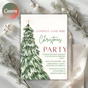May include: A festive Christmas party invitation featuring a hand-painted green Christmas tree. The invitation includes the text "Company Name Here", "Christmas Party", and event details such as date, time, and location.