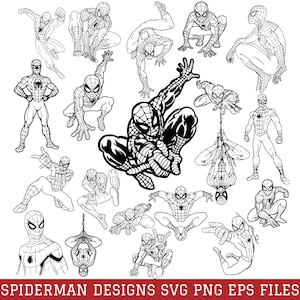 Puede incluir: Una colección de ilustraciones en blanco y negro con líneas que muestran al superhéroe Spider-Man en varias poses dinámicas, incluyendo agachado, saltando y colgando de telarañas. El texto inferior dice SPIDERMAN DESIGNS SVG PNG EPS FILES.