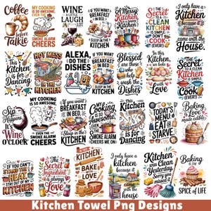 Puede incluir: Colección de diseños PNG con temática de cocina para toallas, con varias citas e ilustraciones. Los diseños incluyen frases como "Coffee before Talkie", "Wine a Little Laugh Lot" y "Baking is Love made edible."