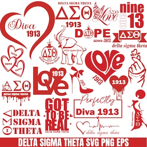 Könnte beinhalten: Eine Sammlung roter Grafikdesigns mit den Texten "Diva 1913", "Love", "Delta Sigma Theta" und anderen verwandten Phrasen und Symbolen. Enthält Herzen, einen High Heel und einen Elefanten.