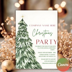 May include: A festive Christmas party invitation featuring a green watercolour Christmas tree design. The invitation includes the words "Christmas Party" in green and red, with event details and the Canva logo.