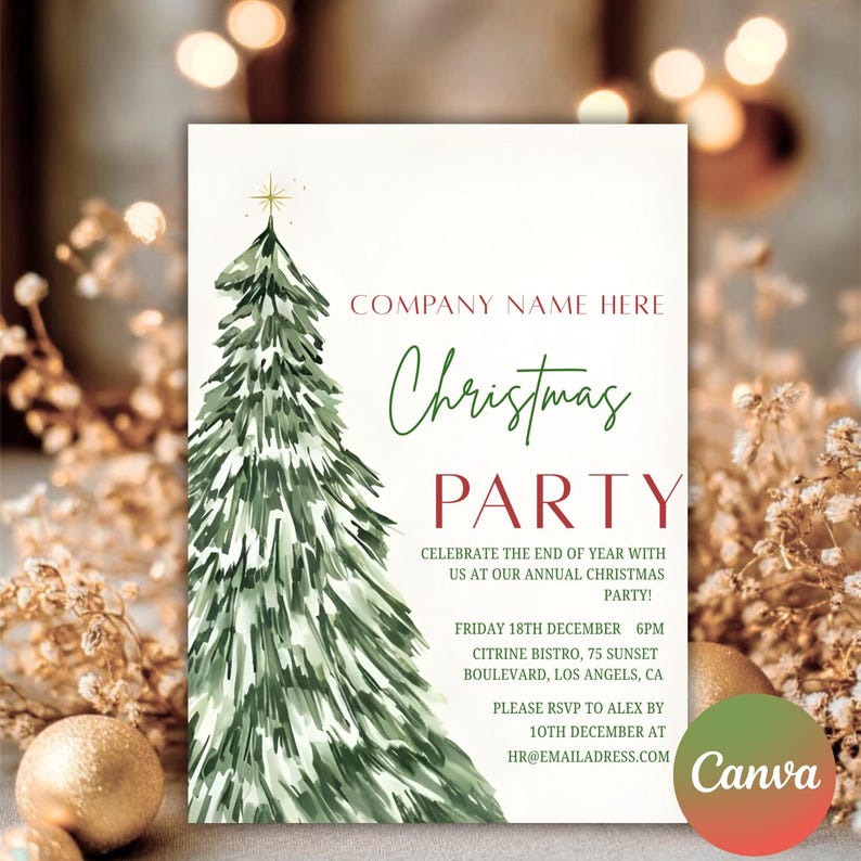 May include: A festive Christmas party invitation featuring a green watercolour Christmas tree design. The invitation includes the words "Christmas Party" in green and red, with event details and the Canva logo.