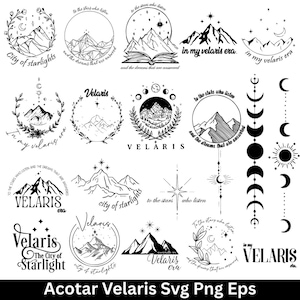 Puede incluir: Una colección de diseños gráficos en blanco y negro con paisajes montañosos, elementos celestiales y texto. Los diseños incluyen frases como "City of Starlights" y "Velaris Era". La imagen también incluye el texto "Acotar Velaris Svg Png Eps".