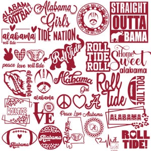 Könnte beinhalten: Eine Ansammlung von weinroten Grafiken und Textelementen, darunter Fußbälle, Herzen und der Satz "Roll Tide". Das Design zeigt die Wörter "Alabama", "Girls" und "Straight Outta Bama."