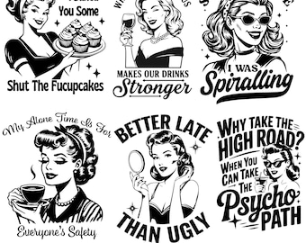 Completely Unhinged SVG PNG, Funny Retro Housewife Svg, Funny Sarcastic 1950s Retro Housewife PNG Clipart Bundle, Funny Quote Pattern