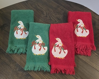 Lot de 4 serviettes de bain vintage Christmas Finger Tip Hamd, oies, coton américain, rouge et vert