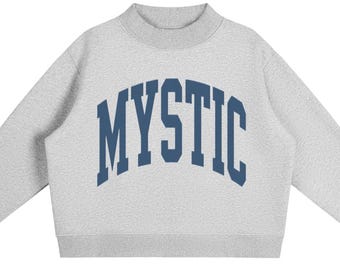 May include: A light grey long-sleeve sweatshirt with a mock neck collar and ribbed cuffs. The front features the word MYSTIC printed in a large, dark blue, arched collegiate-style font across the chest area of the garment.