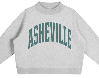 May include: A light grey long-sleeve sweatshirt with a mock neck collar and ribbed cuffs. The front features the word ASHEVILLE printed in a dark teal, arched collegiate-style font across the chest, centred on the heathered fabric.