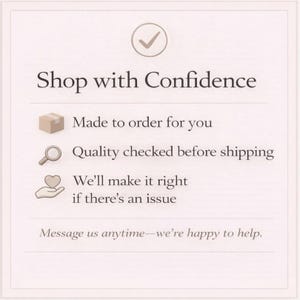 Op de afbeelding: Een vierkante informatieve afbeelding met een lichtroze achtergrond en donkere tekst. Het bevat een vinkje boven de kop Shop with Confidence. Daaronder staan drie iconen: een doos, een vergrootglas en een hart in een hand, met tekst.