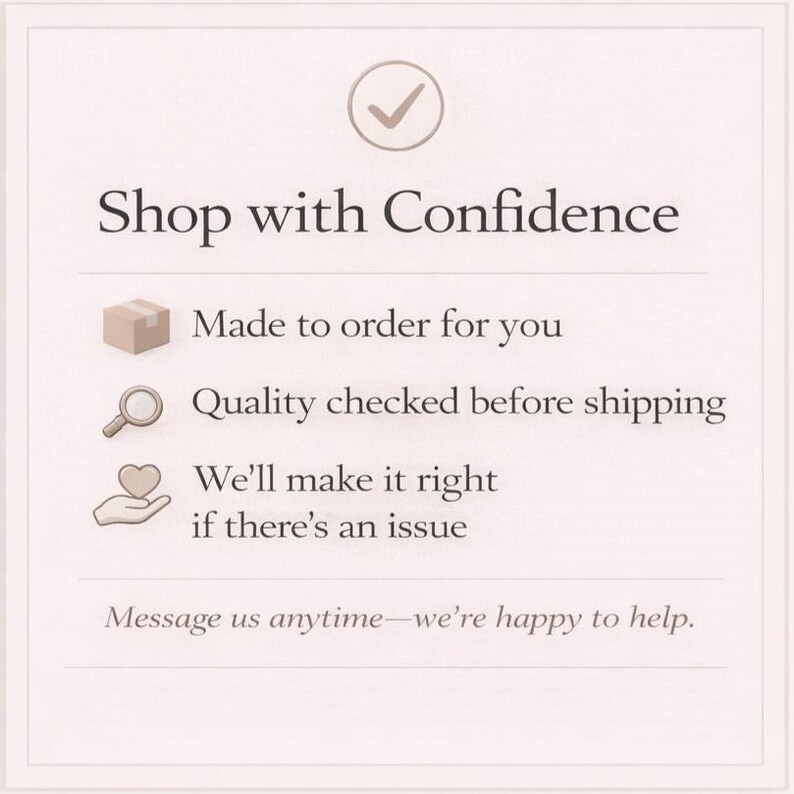 Op de afbeelding: Een vierkante informatieve afbeelding met een lichtroze achtergrond en donkere tekst. Het bevat een vinkje boven de kop Shop with Confidence. Daaronder staan drie iconen: een doos, een vergrootglas en een hart in een hand, met tekst.