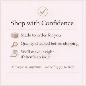 May include: A cream-colored graphic with the text "Shop with Confidence" and a checkmark icon. Below, it lists assurances: "Made to order for you," "Quality checked before shipping," and "We'll make it right if there's an issue." It ends with "Message us anytime&mdash;we're happy to help."