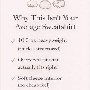 May include: A cream-colored graphic with the text "Why This Isn't Your Average Sweatshirt." It highlights features like 10.3 oz heavyweight fabric, an oversized fit, and a soft fleece interior. The image includes illustrations of a cotton boll, a sweater, and a folded garment.