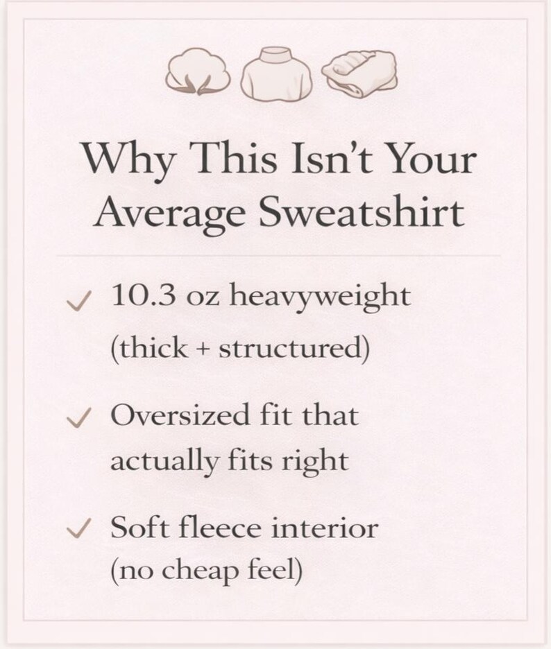 May include: A cream-colored graphic with the text "Why This Isn't Your Average Sweatshirt." It highlights features like 10.3 oz heavyweight fabric, an oversized fit, and a soft fleece interior. The image includes illustrations of a cotton boll, a sweater, and a folded garment.