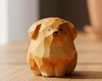 Handmade Wooden Dog Carving, Miniature Golden Retriever Puppy Desk Decor, Kawaii Office Ornament, Unique Pet Lover Gift for Her