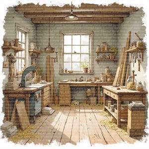May include: Watercolor illustration of a rustic workshop interior. The scene features wooden workbenches, shelves filled with tools and jars, and a large window. Sawdust covers the floor, and the room is bathed in natural light.