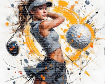 Arte acrílico de golfista femenina de 18 años / Decoración de pared de golf con salpicaduras de color / Descarga digital