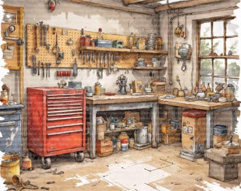 May include: Watercolor illustration of a workshop interior. A red toolbox on wheels is in the foreground. Tools hang on a pegboard, and workbenches are filled with equipment. The room has a window and wooden beams.