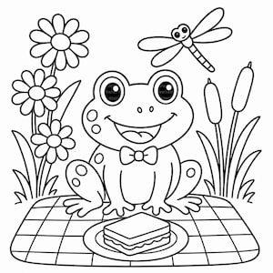 May include: A black and white line art colouring page featuring a smiling frog wearing a bow tie, sitting on a chequered picnic blanket with a sandwich on a plate, surrounded by three flowers, two cattails, and a flying dragonfly.