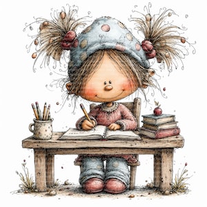May include: A cartoon illustration of a child with messy hair wearing a polka-dot hat, sitting at a wooden desk. The child is writing in an open book with a pencil. A mug filled with pencils sits on the left, and a stack of books with an apple on top sits on the right.