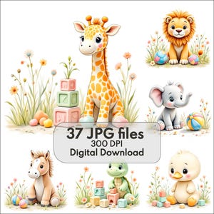 May include: Watercolor illustrations of adorable baby animals, including a giraffe, lion, elephant, horse, turtle, and duckling. Each animal is surrounded by flowers and toys. The image includes the text "37 JPG files 300 DPI Digital Download."