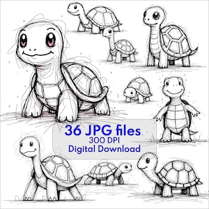 May include: A collection of hand-drawn turtle illustrations in black and white. The image includes various turtle poses and sizes, with a text overlay stating "36 JPG files, 300 DPI, Digital Download."