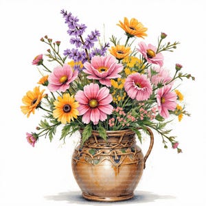 13 Watercolor Wildflower Pot Clipart PNG, Cottagecore Floral Art, Digital Download