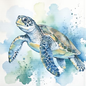 Op de afbeelding: Aquarel schilderij van een zeeschildpad die zwemt in blauw en groen water. De schildpad heeft een patroon schild met tinten bruin, groen en geel. Het water heeft een aquareleffect met spetters blauw en groen.