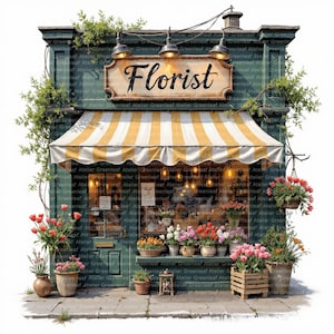 May include: An illustration of a traditional florist shop with a sign reading "Florist". The shop features a yellow and white striped awning, a green facade, and is decorated with potted flowers and hanging baskets.