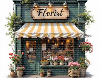 10 Clipart di negozi di fiori ad acquerello, pacchetto di vetrine rustiche per fioristi, arte digitale floreale, download digitale