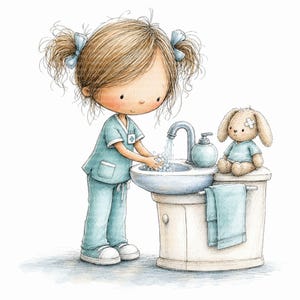May include: A whimsical illustration of a child with brown hair in pigtails wearing teal scrubs, washing hands at a sink. A plush bunny with a bandage on its head sits on the counter next to a soap dispenser and a hanging teal towel.