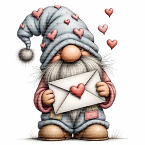 May include: A whimsical illustration of a gnome holding a white envelope with a red heart. The gnome wears a blue hat adorned with pink hearts and a matching outfit. Several pink hearts float around the gnome, creating a charming Valentine's Day theme.