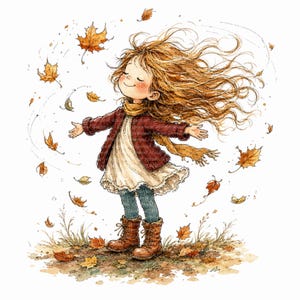 May include: A watercolor illustration of a child with long, flowing auburn hair, wearing a dark red cardigan, a cream-colored dress, dark leggings, and brown boots, standing amidst swirling orange and yellow autumn leaves.