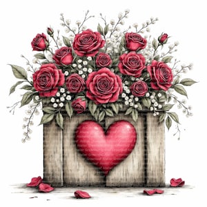 May include: A digital illustration of a wooden box filled with red roses, white baby's breath, and green leaves. A large pink heart is cut out of the box. Red rose petals are scattered around the base.