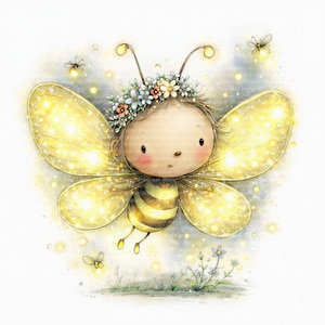 May include: A whimsical illustration of a bee character with large, glowing yellow wings, wearing a floral crown of small blue, white, and orange flowers. The bee has a striped yellow and black body, antennae with light tips, and is surrounded by tiny sparkling lights and small flying insects.