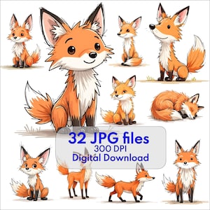 May include: A collection of cartoon foxes in various poses. The foxes are primarily orange with white and black accents. The image includes text that reads "32 JPG files 300 DPI Digital Download."