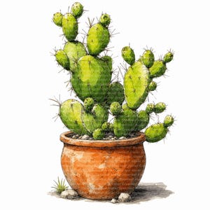 Puede incluir: Una ilustración en acuarela de un nopal con múltiples paletas verdes y espinas afiladas, plantado en una maceta redonda y texturizada de color terracota. La base de la maceta está rodeada de pequeñas piedras grises y un brote verde.