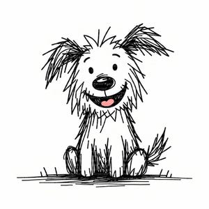 Könnte beinhalten: Schwarz-weiße Cartoon-Illustration eines Hundes mit fröhlichem Gesichtsausdruck. Der Hund hat ein flauschiges, zotteliges Aussehen mit einem breiten Lächeln, schwarzen Augen und einer rosa Zunge. Der Hund sitzt, seine Beine und sein Schwanz sind sichtbar.