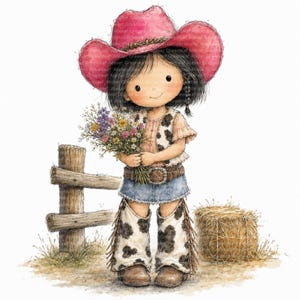 May include: A digital illustration of a child wearing a pink cowboy hat, a cow-print vest, a denim skirt, and cow-print chaps with fringe. The child holds a bouquet of colorful wildflowers. A wooden fence and a hay bale are visible nearby.