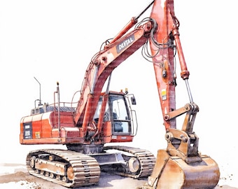 May include: A watercolour painting of a red excavator with a large bucket. The excavator has black tracks and a cab with windows. The word "DEVTAL" is visible on the arm. The background is white with brown and tan paint splatters.