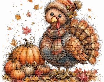 May include: A watercolor illustration of a turkey wearing a brown knit hat with a pom-pom and a striped scarf. The turkey stands among orange pumpkins and scattered autumn maple leaves in shades of red, orange, and yellow against a white background.