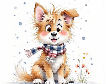 16 Scruffy Doodle Dogs With Scarves | Winter Puppy Clipart | Watercolor Cartoon Art | Digital Download
