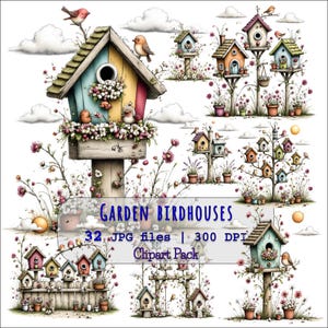 Könnte beinhalten: Aquarell-Illustration von bunten Garten-Vogelhäusern in Blau, Gelb und Rosa. Das Bild zeigt Vögel, Blumen und den Text "Garden Birdhouses" und "Clipart Pack".