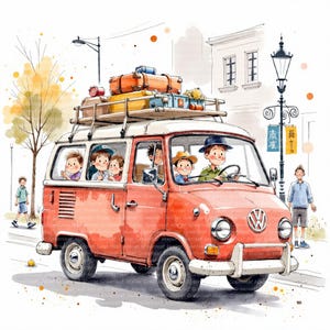 Peut inclure: Illustration à l'aquarelle d'un van Volkswagen orange vintage, chargé de bagages sur le porte-bagages. Plusieurs enfants sont à l'intérieur et un homme conduit. La scène représente un voyage en famille, avec un lampadaire et des bâtiments en arrière-plan.