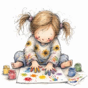 Puede incluir: Una ilustración en acuarela de un niño con coletas que lleva una camiseta de manga larga con estampado de girasoles, sentado en el suelo con las manos cubiertas de pintura, creando huellas coloridas en una hoja de papel blanca.