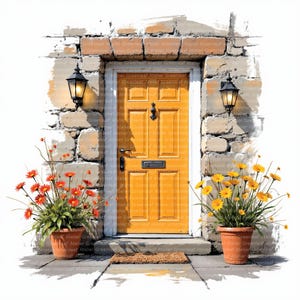 May include: A detailed illustration of a yellow door set in a stone wall, flanked by two black lanterns. Potted orange and yellow flowers sit on either side of the door. A welcome mat is at the base of the door.