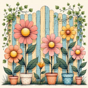 20 ilustraciones florales de cercas en tonos pastel / Ilustración de macetas de jardín / Decoración primaveral caprichosa / Descarga digital