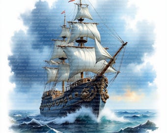 10 Watercolor Pirate Ship Clipart | Nautical Sailing Vessels | Ocean Art JPG | Digital Download