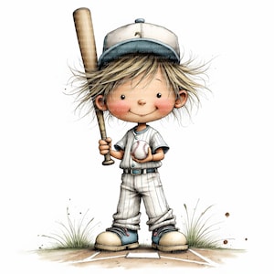 33 JPG Bambini sul campo da baseball / clipart sportiva ad acquerello / illustrazione di un ragazzo stravagante / Download digitale